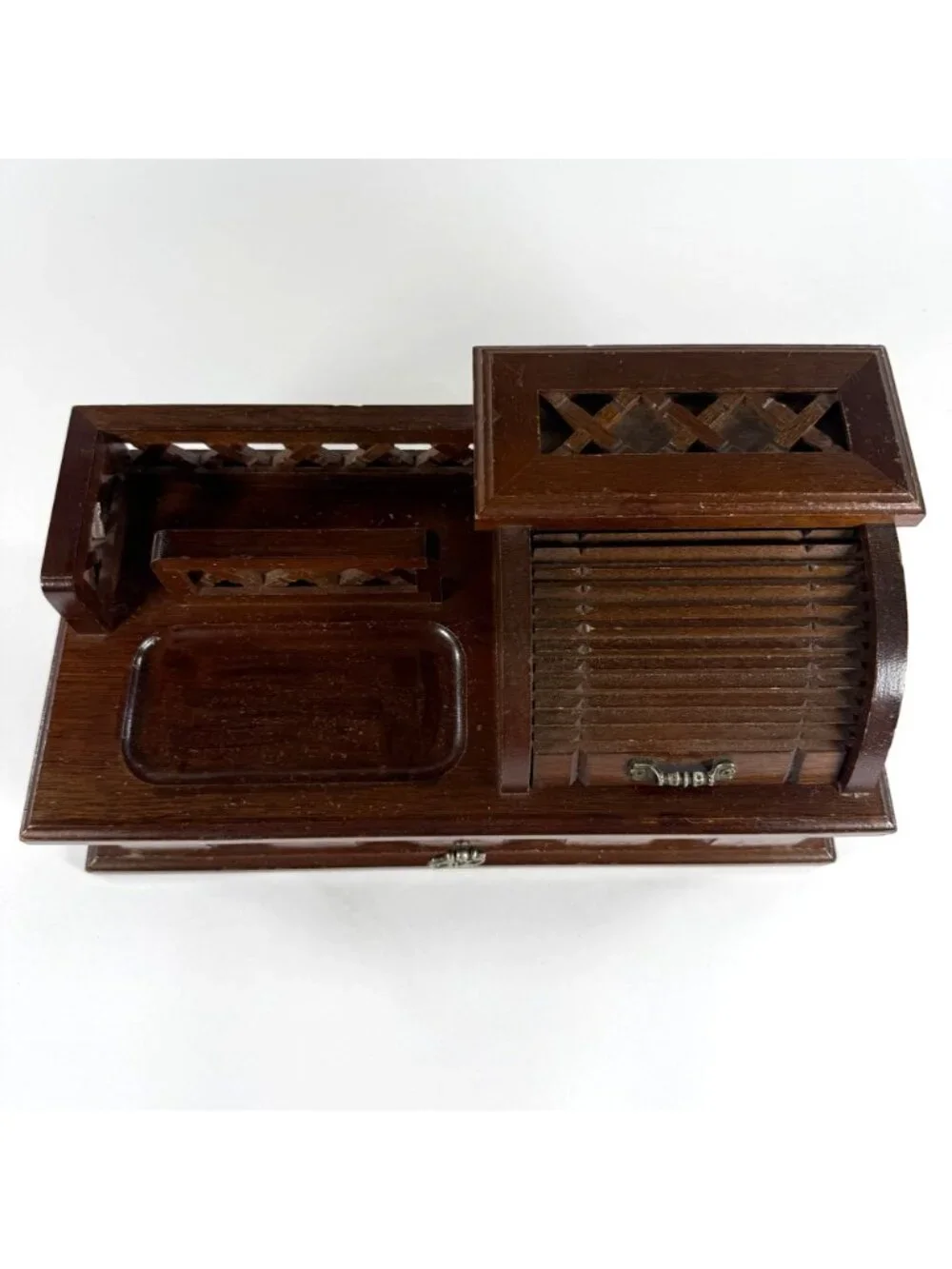 Vintage Men's Dresser Top Wooden Valet Jewelry Box Roll-Top Change Tray